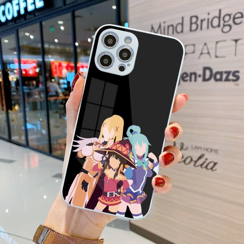 Cute Konosuba Anime Girl Phone Case For IPhone 14 13 12 11 Pro Max X XR XS 8 7 Plus Liquid Glass Color Phone Cover
