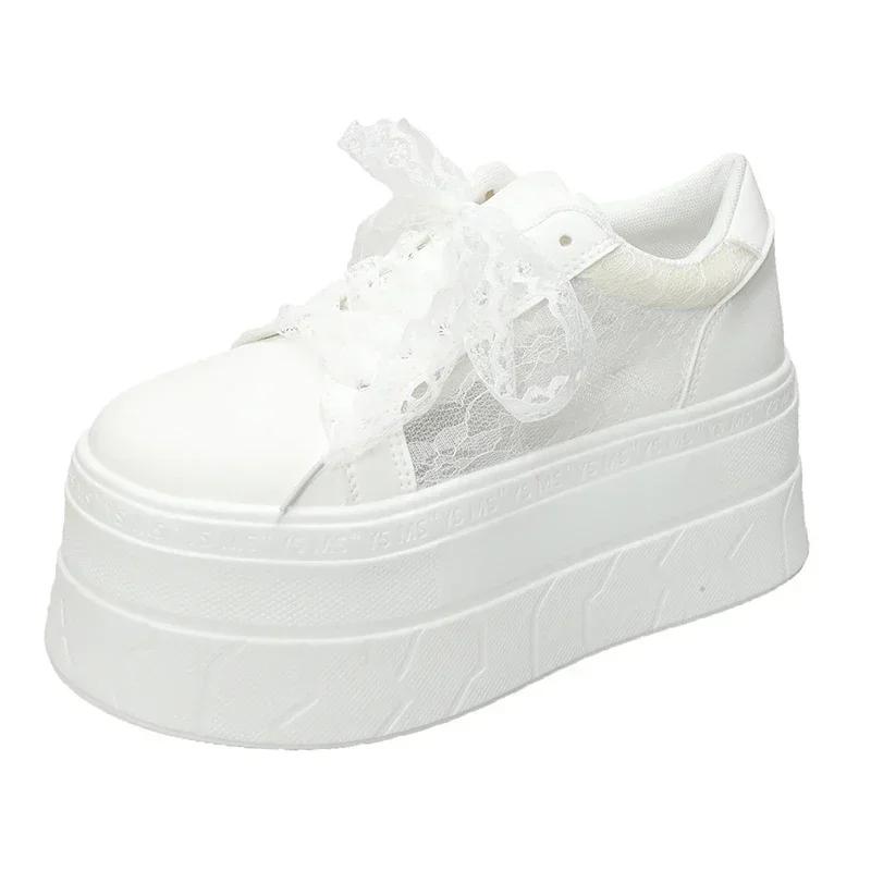 Fashion New 7.5CM Thick Soled Air Mesh Genuine Leather Mesh Breathable Hollow Casual Sneaker Platform Flats White Shoes for Women Summer