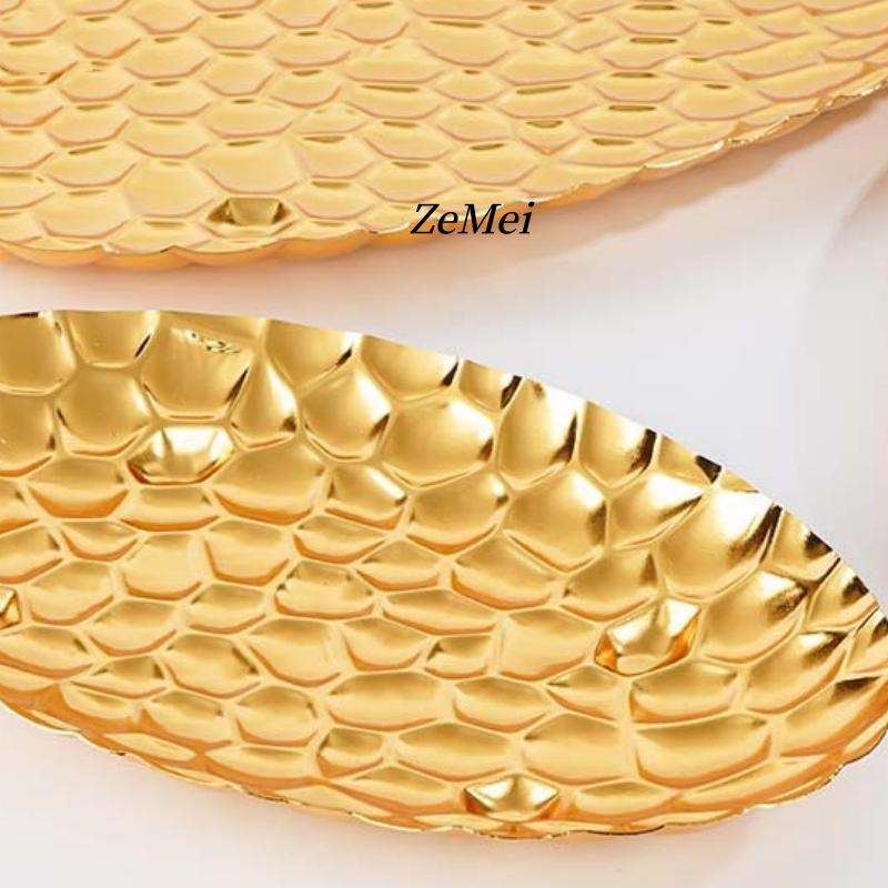Elliptical Fruit Plate, European-Style Exquisitely Carved Hammer Texture Metal Cake Tray, Home Dessert Snack Plate Decoration