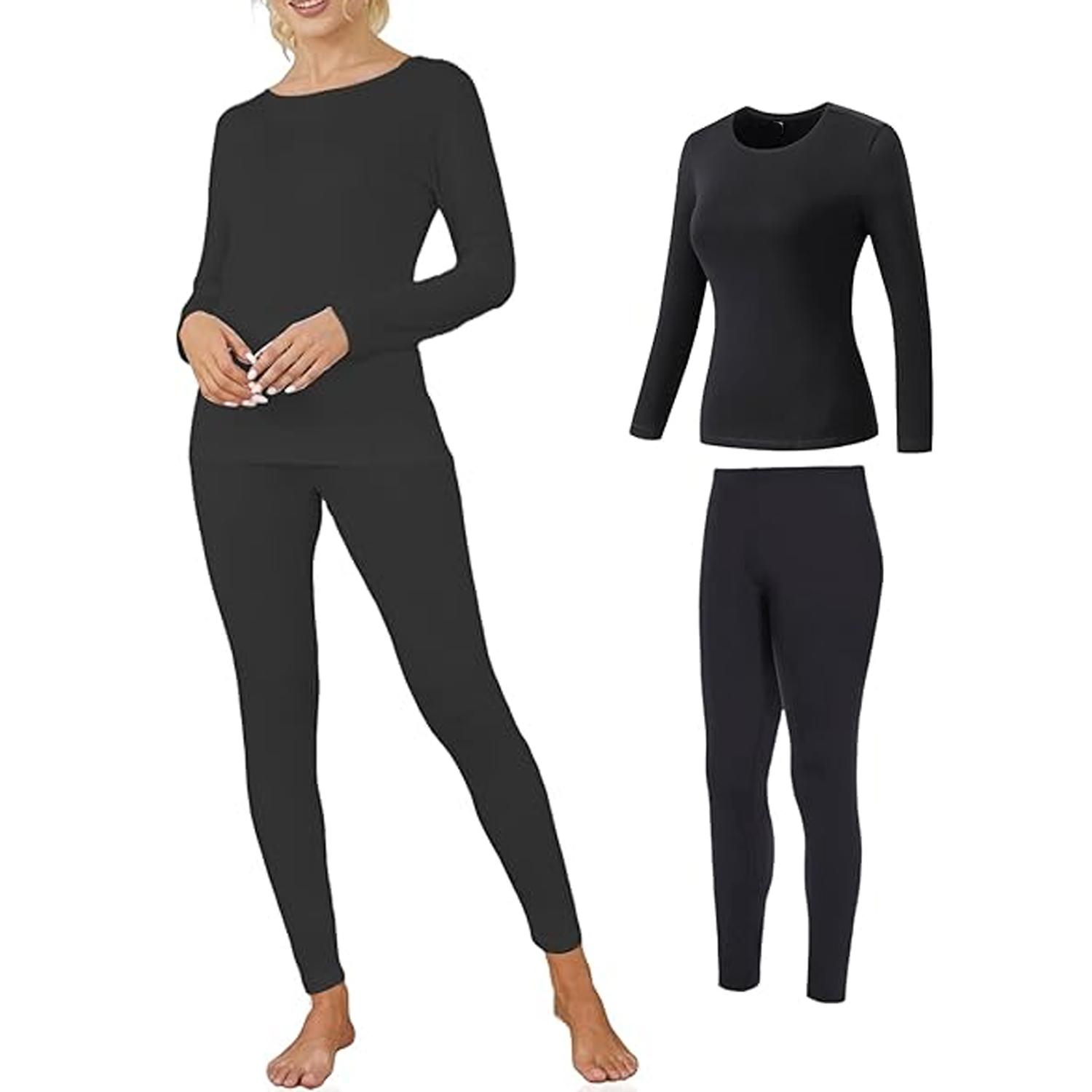 

Термобелье для женщин Мягкий комплект лонгсливов Базовый слой Пижамный комплект Длинный рукав Теплый верх Низ 3XL чёрный