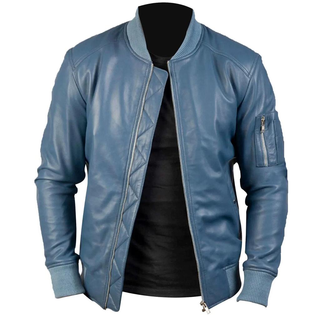 Men's Genuine Leather Blue Lambskin Bomber Stylish Biker Jacket Handmade Casual