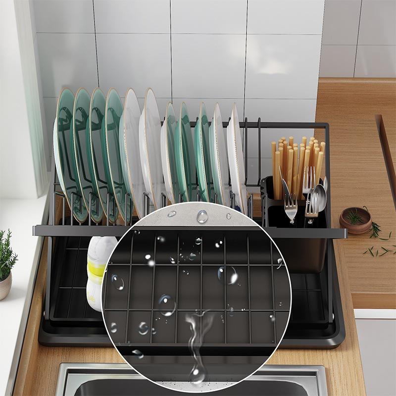 Foldable Wrought Iron Kitchen Dish Rack with Drip Tray & Chopstick Holder