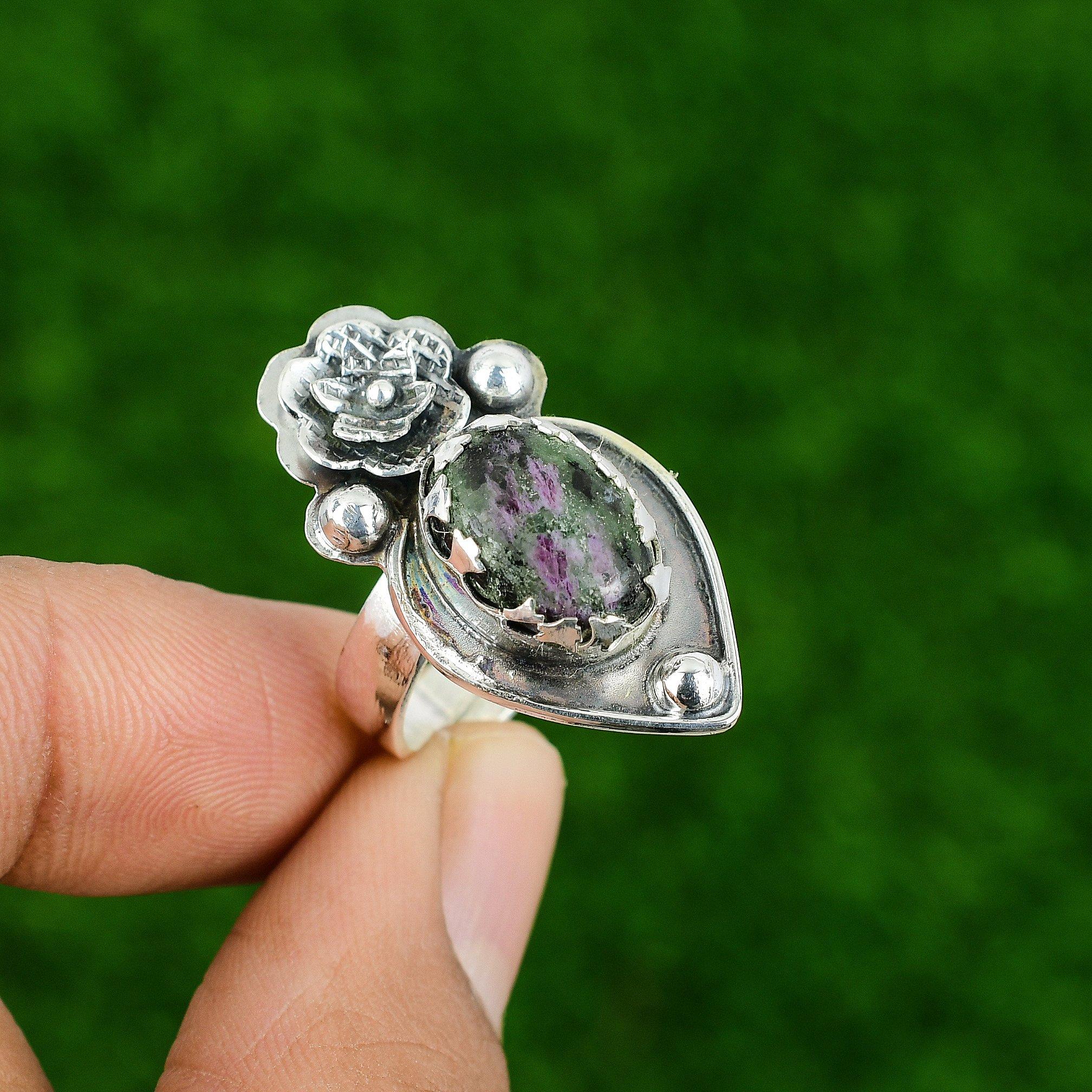 

Gift For Her 925 Silver Natural Ruby Zoisite Promise Flower Adjustable Ring Adjustable