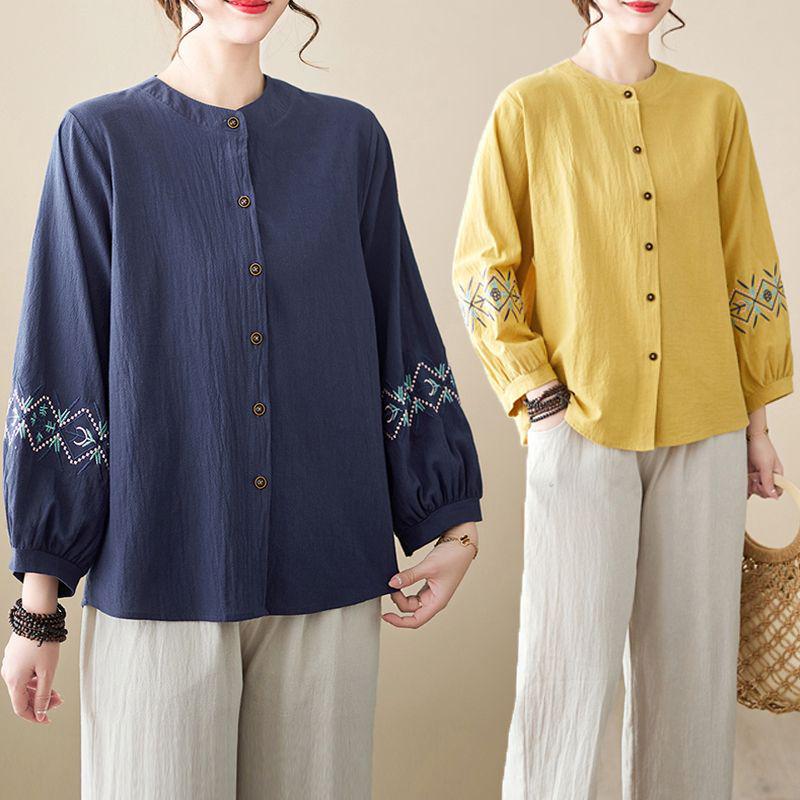 Spring Cotton Linen Plus Size Long Sleeve Embroidered Floral Top for Middle-Aged Women