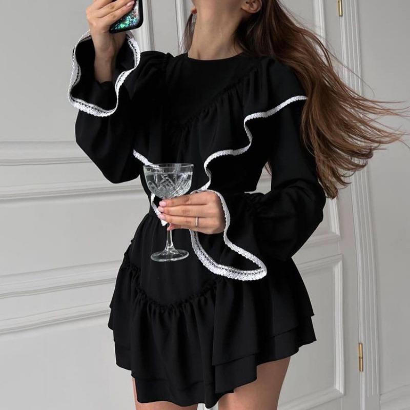 Svart Elegant For Kvinner Langermet Slank Høy Midje Minikjoler 2024 Sommerfolder Skjøte Ruffle O-hals Kjole Femme Frankrike Uformell aftenkjole Dame