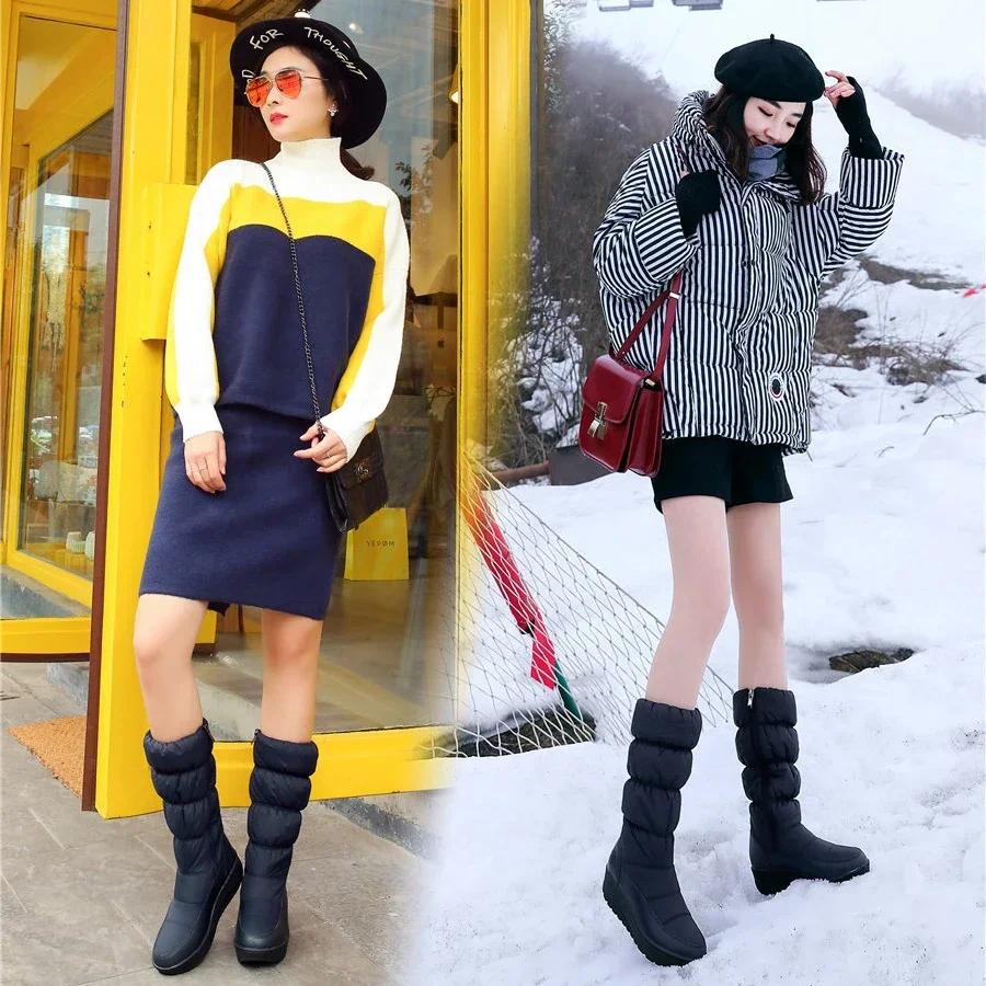 Μοντέρνες Ρωσίδες Ζεστές Βελούδινες Μπότες Χιονιού Μήκους Μέσης Γάμπας Μαύρες Λευκές Αδιάβροχες με Πουπουλένιο Γέμισμα Γυναικείες Μπότες Ήμισυ Γάμπας με Πλατφόρμα και Τακούνι Σφήνα με Πλαϊνό Φερμουάρ