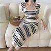 Striped Summer Dresses Women Contrast Color Knitting Korean Robe Femme Vintage Loose Square Neck Dress