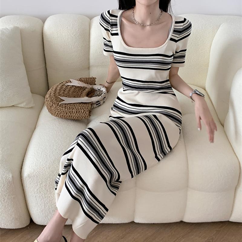Striped Summer Dresses Women Contrast Color Knitting Korean Robe Femme Vintage Loose Square Neck Dress