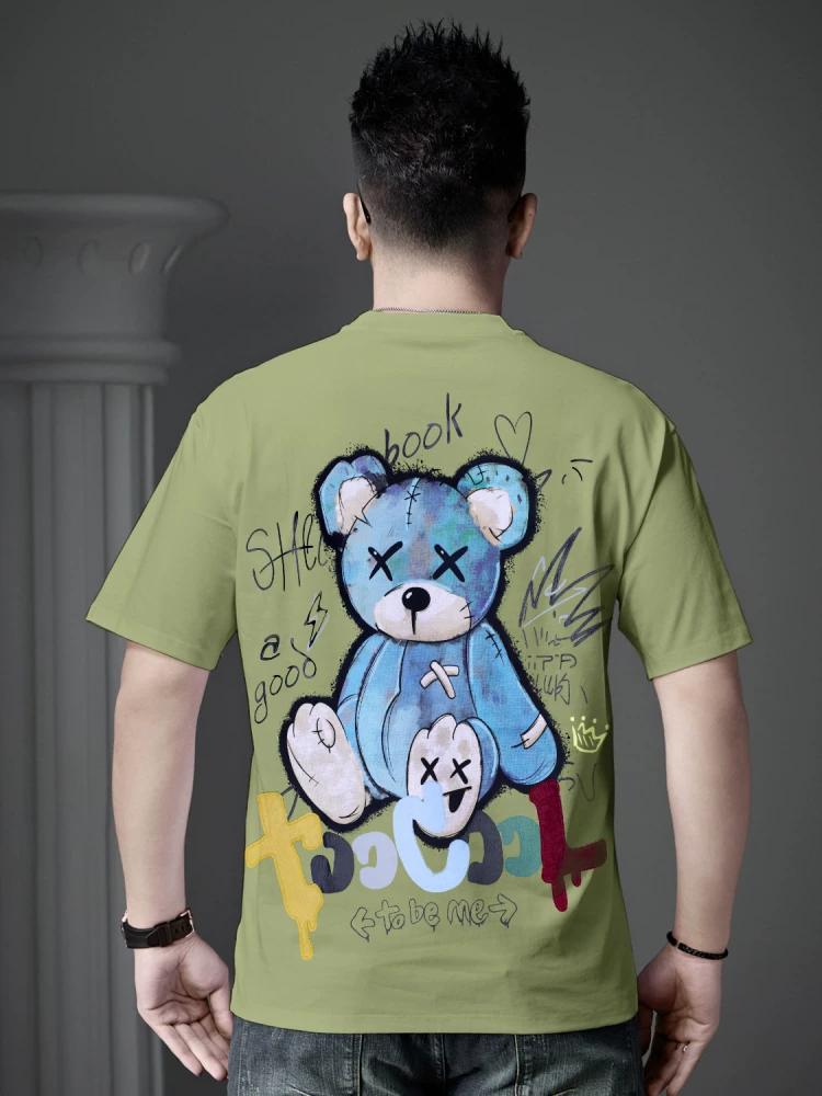 

European Goods Trendy Brand Bear Print round Neck Short sleeve T-shirt Men 2025 New Summer Casual Men s Half Sleeve Top Clothes 3XL белый