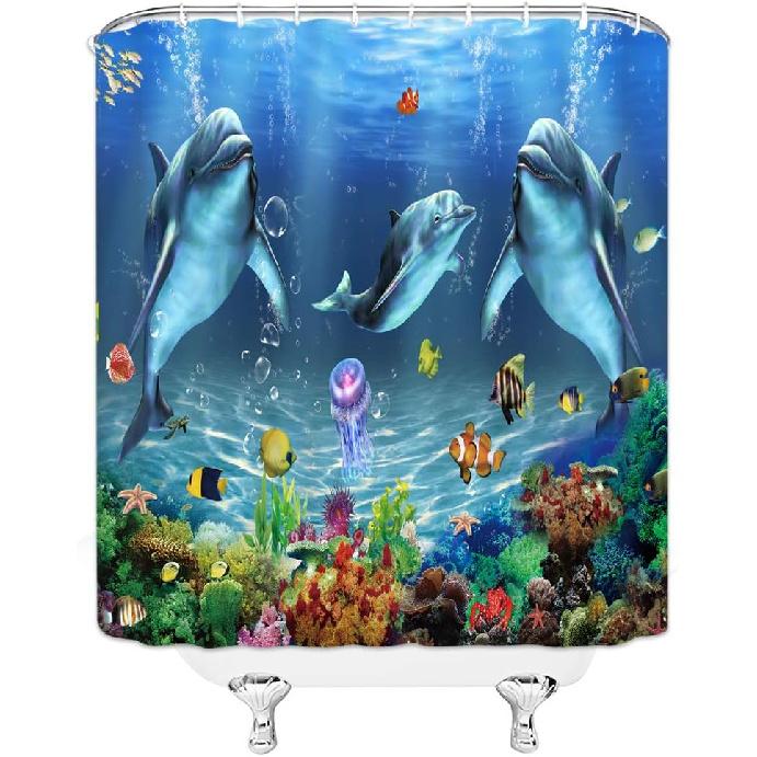 Underwater Dolphin Blue Shower Curtain Ocean Cartoon Whale Boys Animal World Marine Life Tropical Fish Fantasy Sea Coral Reef Seabed Bathroom
