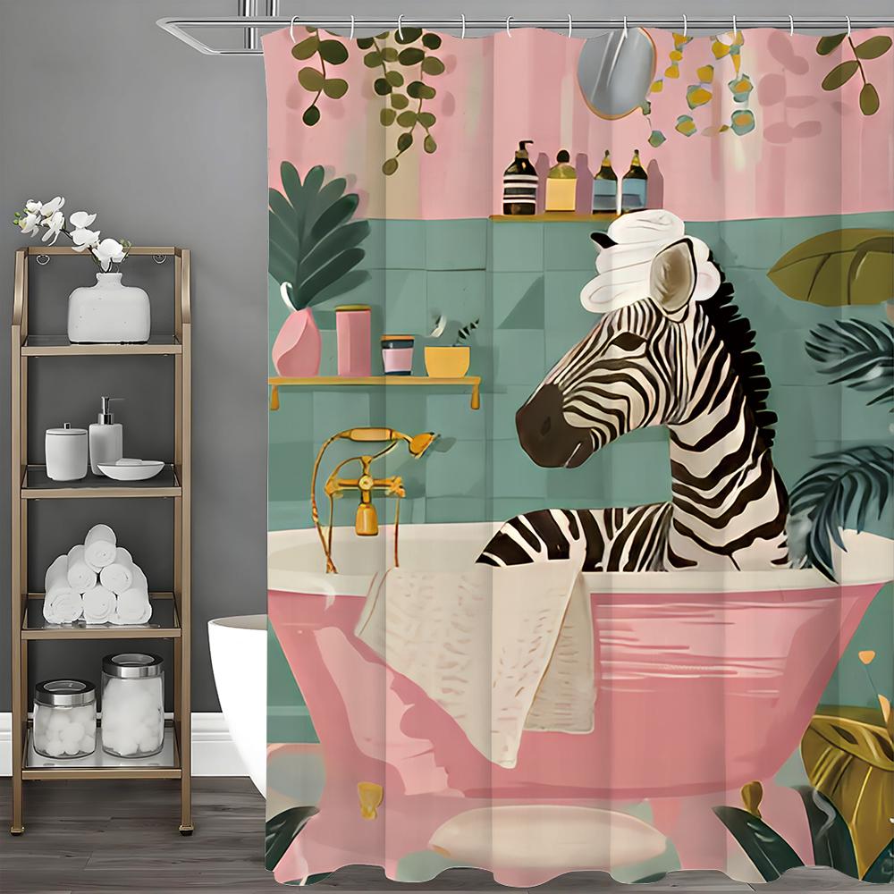 Badezimmer Zebra Duschvorhang, Blumige Pflanzen, Rosa Wände und Badewanne Grüne Fliesen Badezimmer Dekorativer Duschvorhang, Wasserdicht