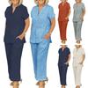 2 Pcs/Set Women Top Pants Set V Neck Solid Color Short Sleeves