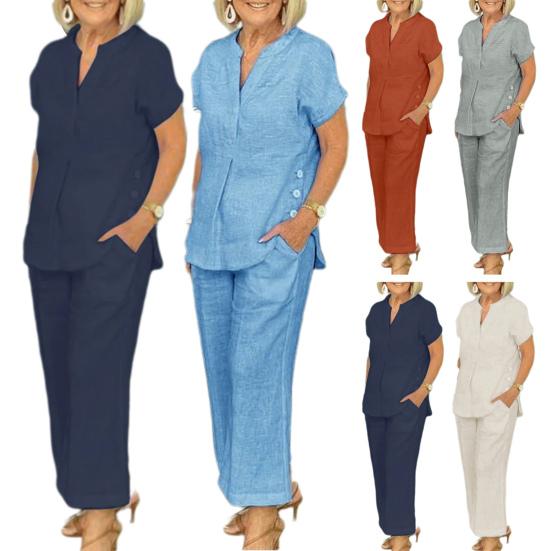 2 Stück/Set Damen Top Hosen Set V-Ausschnitt Einfarbig Kurze Ärmel