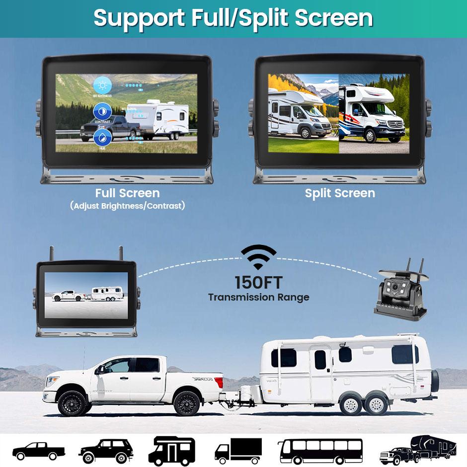 Solar Energy 7'' DVR Recording Monitor Wireless Touch Screen Reverse Backup Camera Dual Antenna For Camper/Truck/Trailer/RVs/Bus