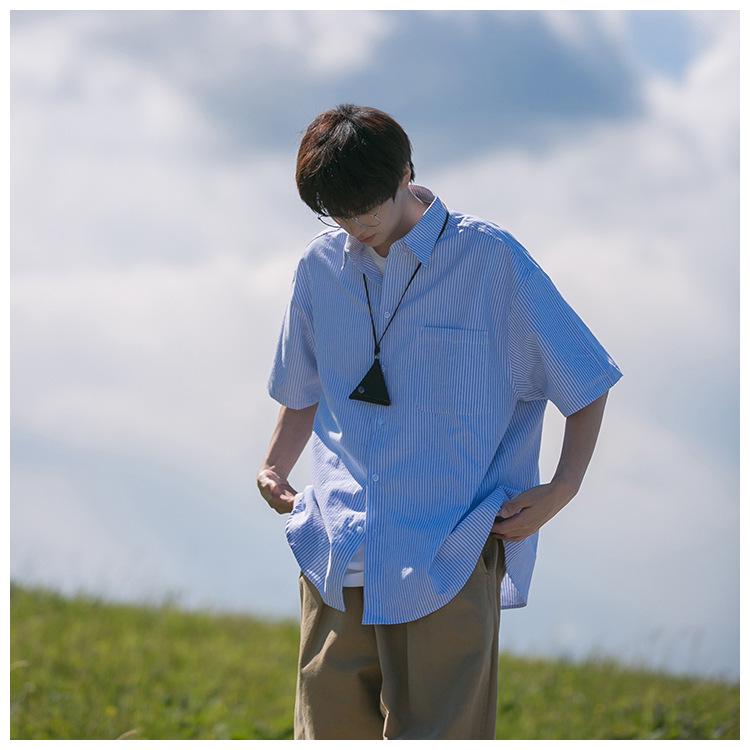 Men's Japanese Striped Short-Sleeve Lapel Shirt - Summer Cityboy Casual Versatile Trendy Brand Jacket