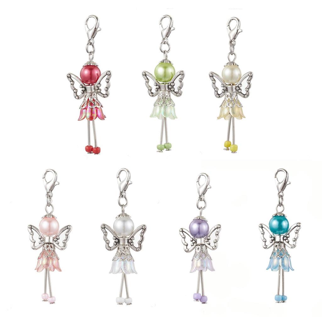 Pack Of 7 Elegant Alloy Angel Wing Charms with Faux Pearls and Flower Designs for Keychains and Bag Decorations