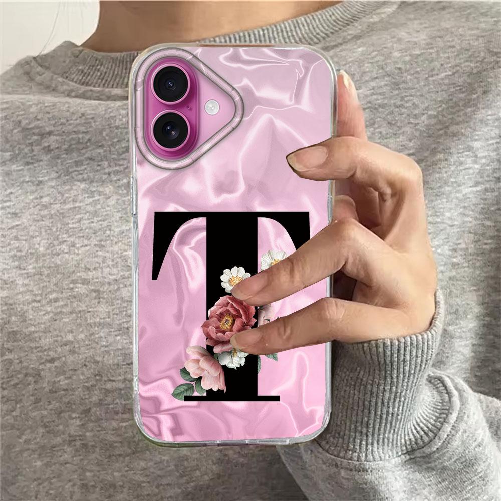 A-Z Black Letter Peony Flower Shockproof Phone Case For Apple Iphone 13 12 Pro Max 11 X XR Silicone Shell Couple Fundas Cover