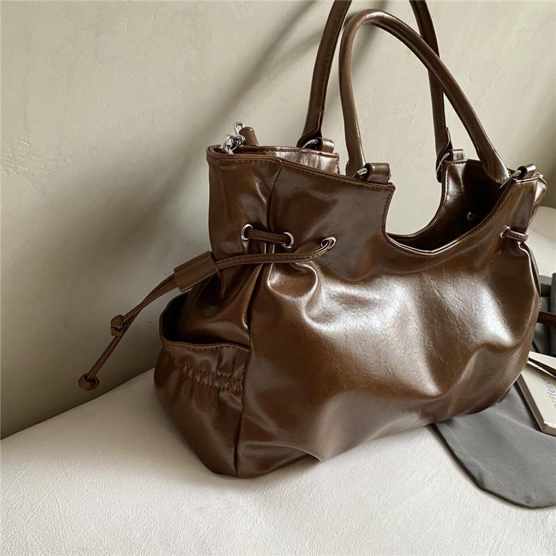 Large Capacity PU Tote Bag Women Fashion Shoulder Bag With Drawstring Detail Soft Texture Handbag Everyday Use
