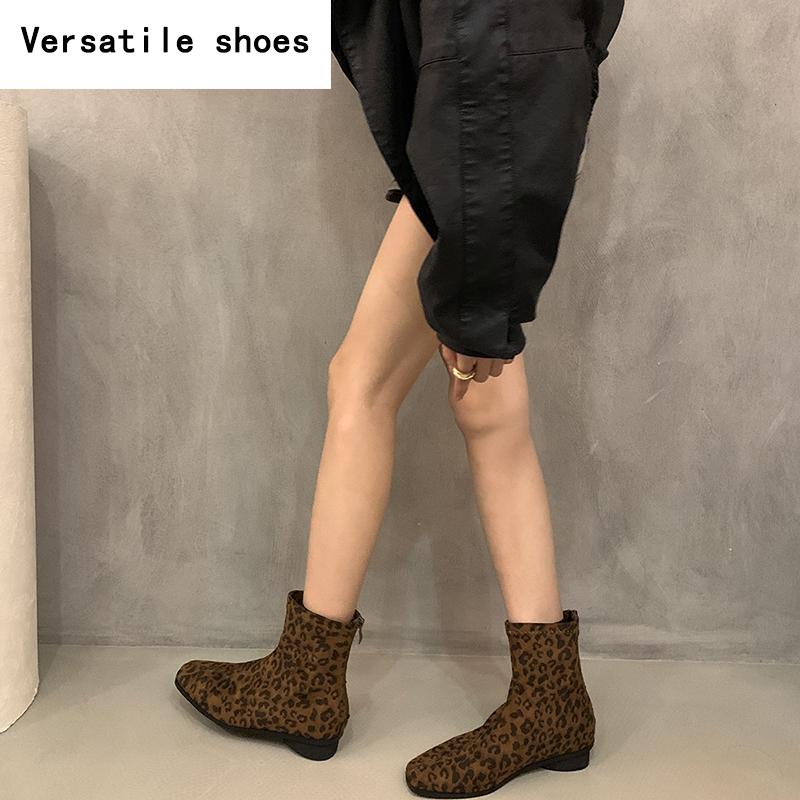 Winter Leopard Women Ankle Boots Fashion Back Zippers Short Booties Ladies Elegant Low Heels Botas De Mujer