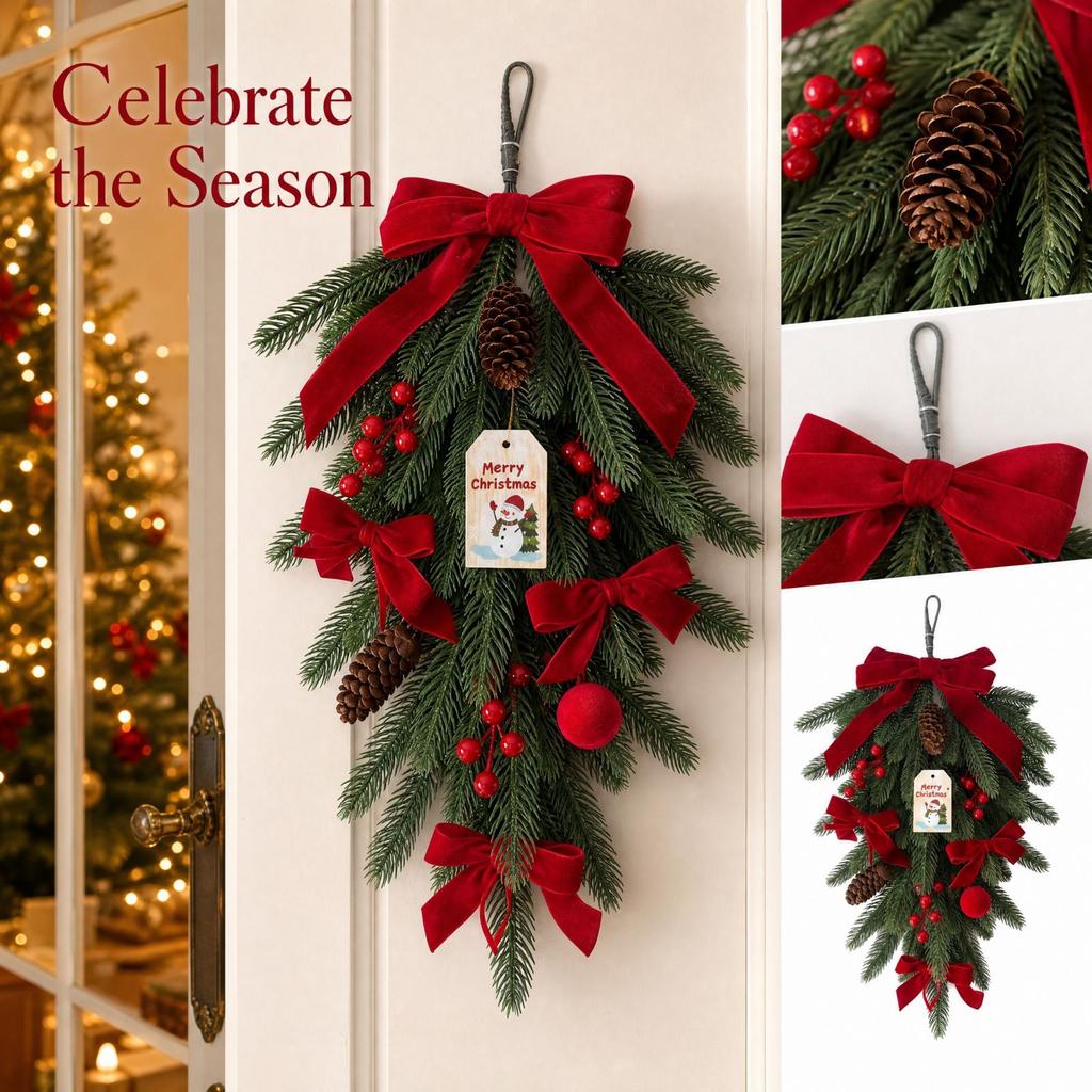 Down Christmas Tree Hanging Decoration with Teardrop Ornaments for Door Window Hotel Mall