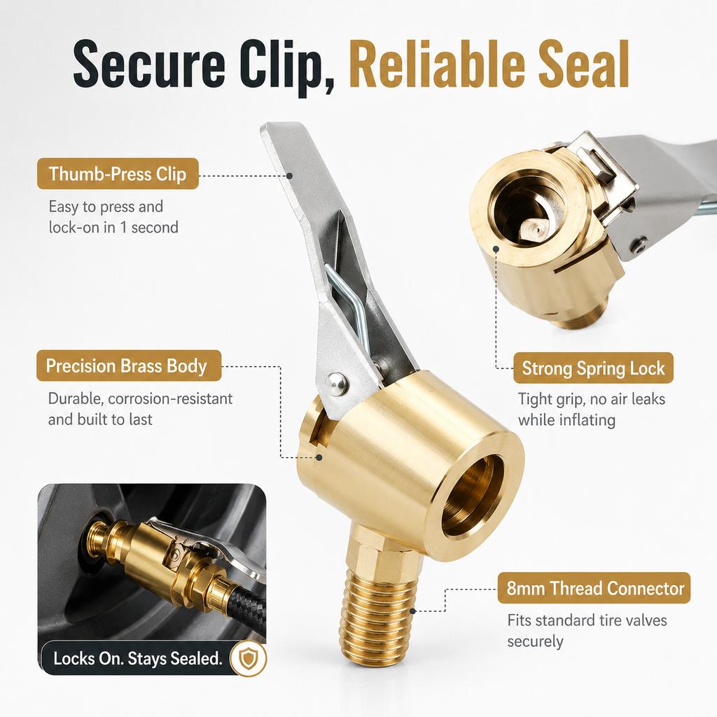 Brass Tire Air Chuck Clip Adapter, Quick Lock-On Inflator Nozzle Connector for Car Motorcycle Bicycle Air Pump