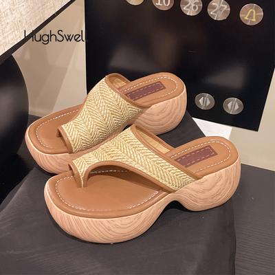 Modemarkendesign Holzclog-Pantoletten Damenmode Strohgeflecht Zehensandalen Damenmode Plateau Leinen Flip-Flop Schuhe