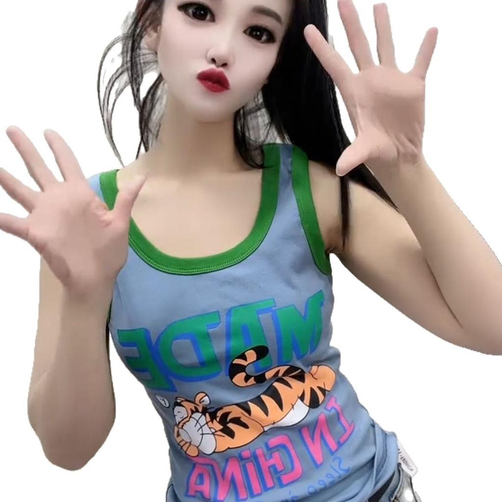 Large size cartoon Tigger slim and thin sling vest women's summer new Korean version color matching fashion versatile top