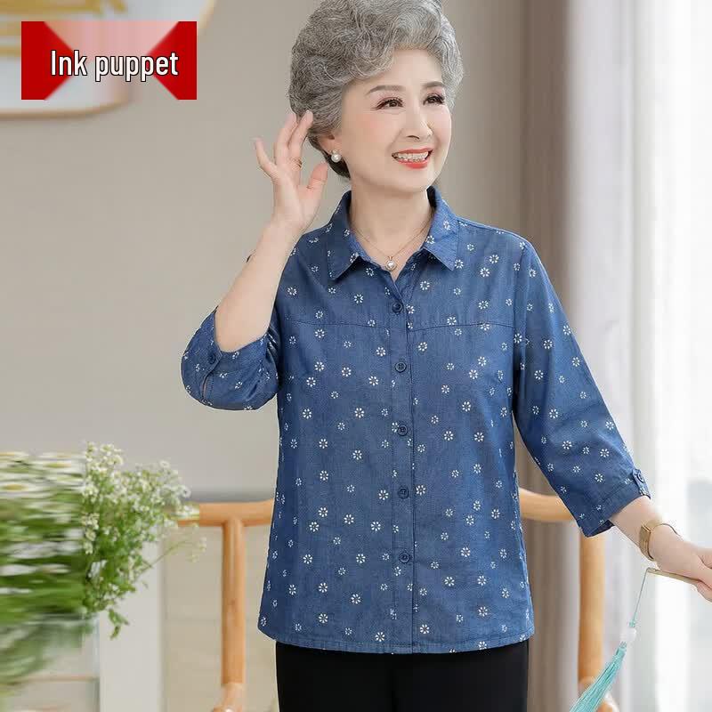 Elderly Women s Pure Cotton Seven-Sleeve Denim Shirt Cardigan XL