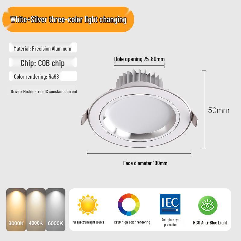 Three-Color Downlight Recessed Ceiling Spotlight for Living Room