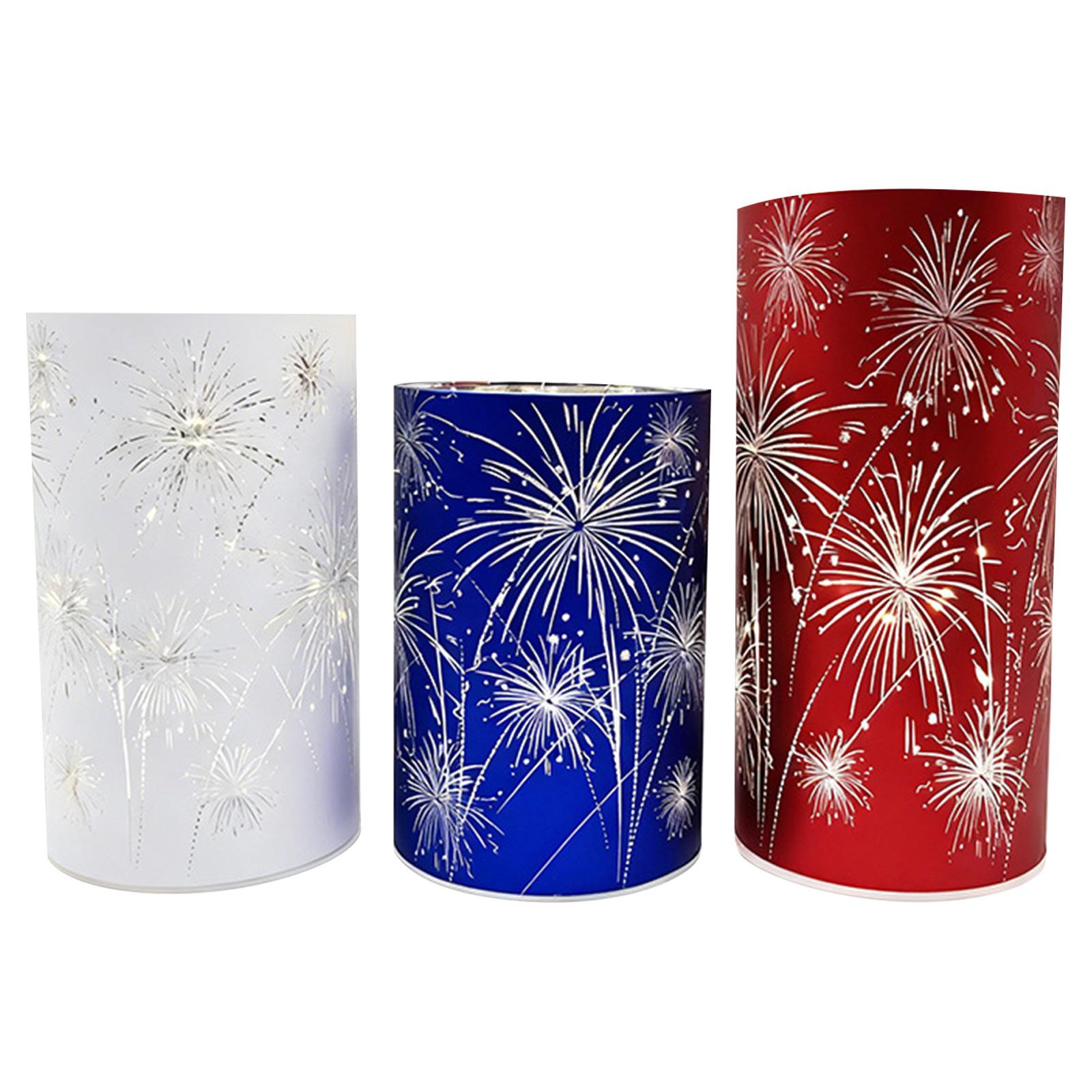3-Piece Celebration Light Set - Etched Fireworks Starburst Glass Base With Warm LED Lights And A Flashing Decorative Centerpiece.