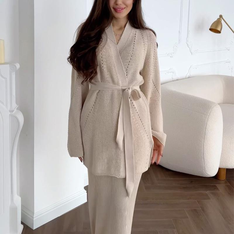 2025 Winter Women's V-Neck Sweater & Midi Skirt Set - European & American Style