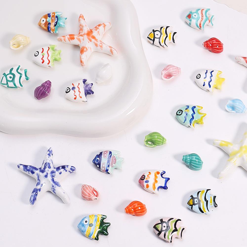 Hand-Painted Ocean Ceramic Beads: Tropical Fish, Starfish, and Seashell Shapes for DIY Jewelry