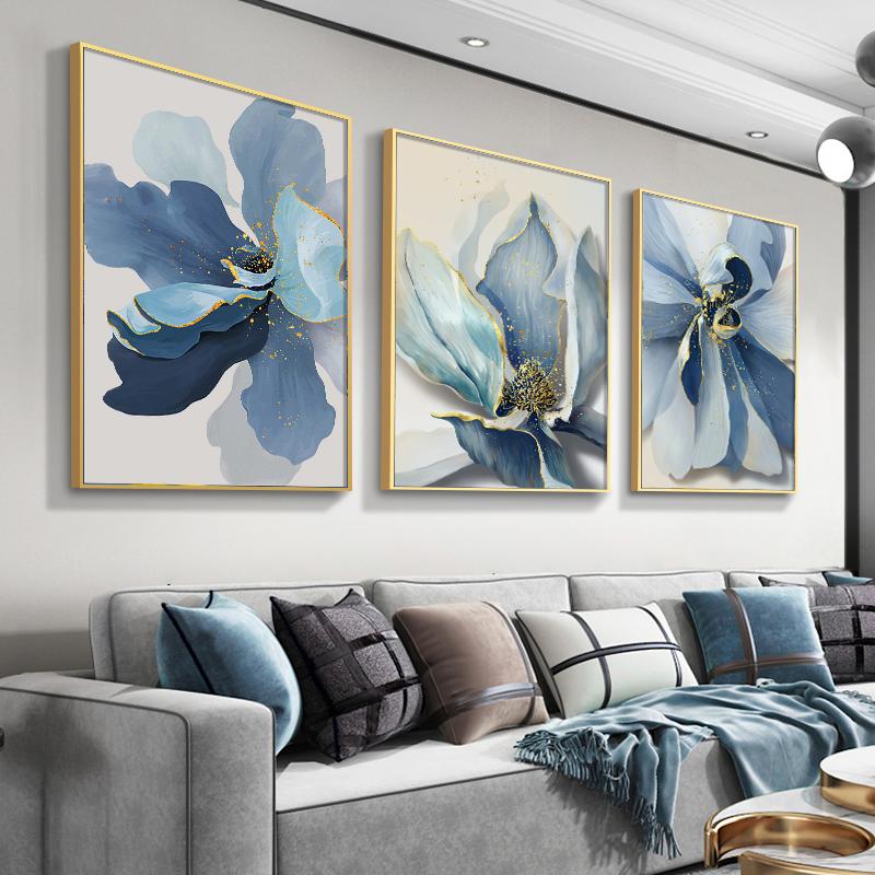 Tela de folha de planta azul dourada, poster de flores, arte de parede, pintura a óleo na parede, imagens para sala de estar, decoração de casa