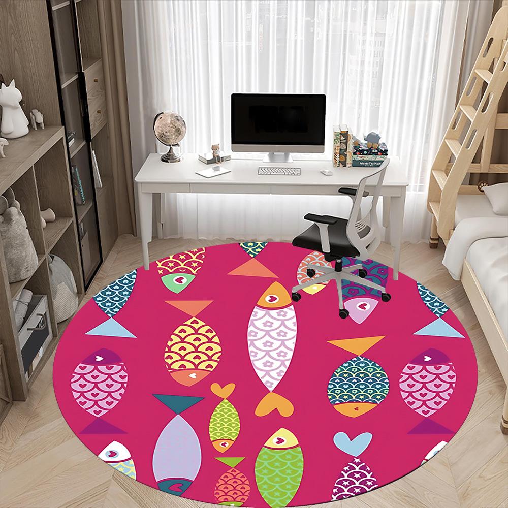 1pc Fishes Pattern Office Round Area Rug, Indoor Mat Suitable For Office, Under Office Chairs Bedroom Living Room Home Decor, Room Deco