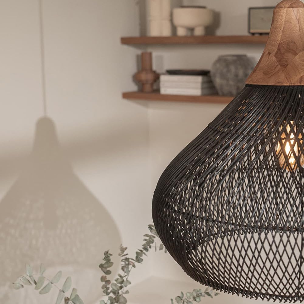 Ротанговый подвесной светильник Деревянный Черный Плетеный Потолочный Подвесной Светильник Бамбуковая Люстра Фермерский Дом Винтаж Рустик Клетка Купол Подвесное Освещение для Столовой