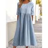 Damen Blau Rundhals Halbsleeve Hohe Taille Raffung Leinen Maxikleid Mit Taschen