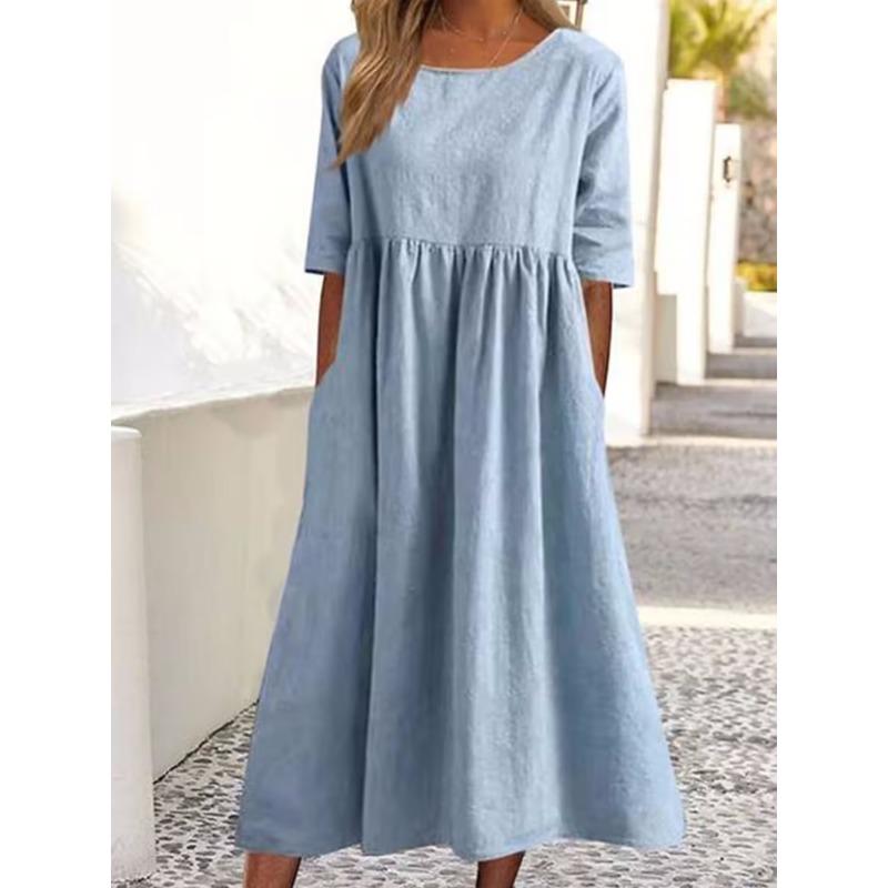 Damen Blau Rundhals Halbsleeve Hohe Taille Raffung Leinen Maxikleid Mit Taschen