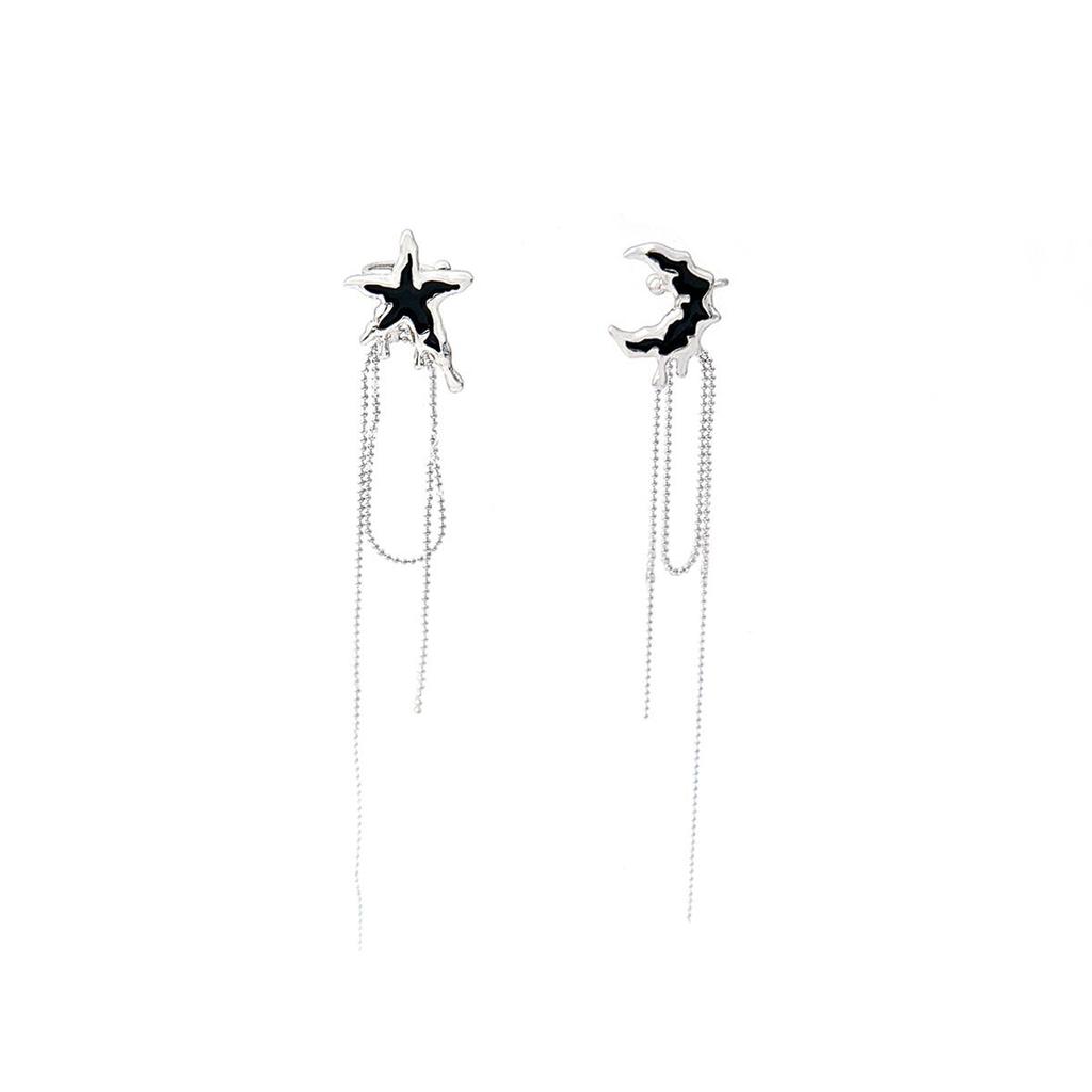 Sweet Star & Moon Asymmetrical Tassel Ear Clips with Drip Oil Cuffs