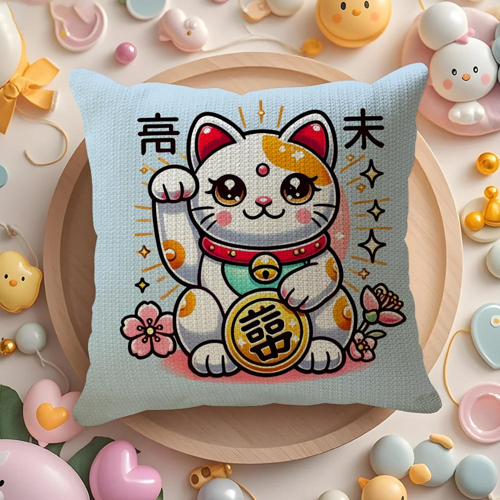 Lucky Cats Cartoon Cushion Cover Natural Linen Organic Fabric DoubleSided Printing Sofa Home Decor Gift Pillow Cover