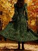 Retro style plant berry print long-sleeved long dress dark green waist design autumn outdoor wear elegant atmosphere