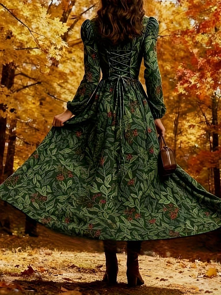 Retro style plant berry print long-sleeved long dress dark green waist design autumn outdoor wear elegant atmosphere