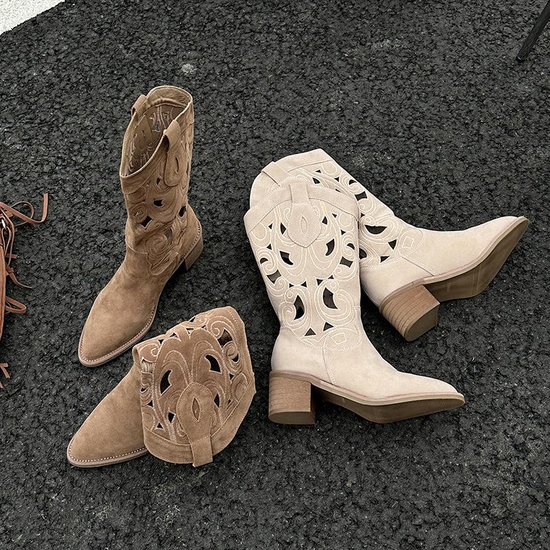 Popular mid-tube hollow boots women's summer knight boots 2025 boots suitable for summer wear cowboy boots cool boots