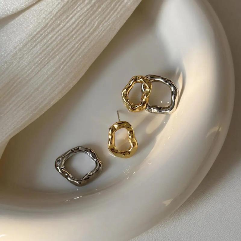 1PAIR Double Layer Irregular Geometric Pattern Copper Earrings, Uneven Surface Fashion Gold and Silver Jewelry Gift