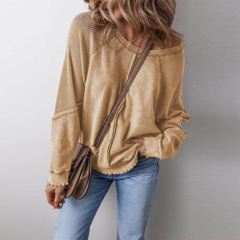 

Round Neck Long Sleeved Back Seam Patchwork Loose Hoodie Camel [Ready in Stock] M