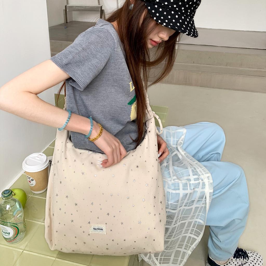 Spring New Dopamine Star Canvas Crossbody Bag for Women Korean Style Pleated Shoulder Handbag