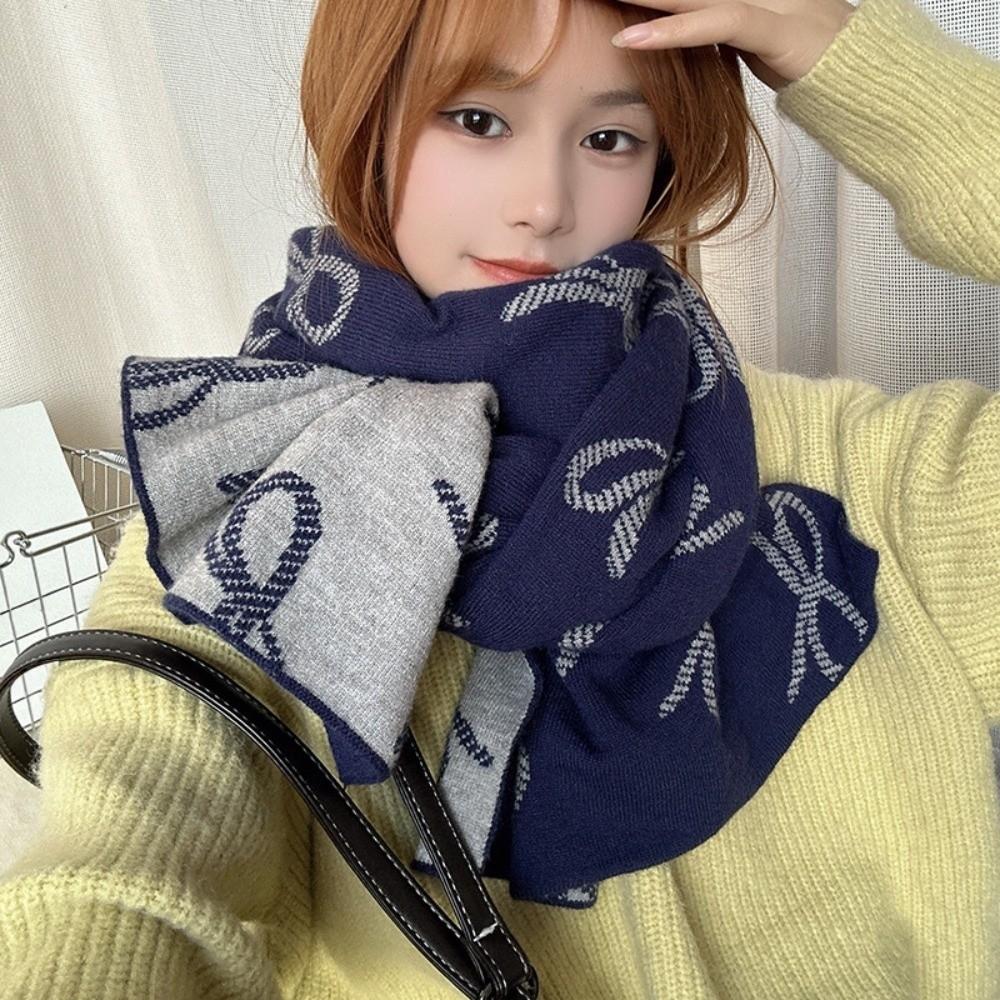 Two-sided Imitation Wool Scarf Lightweight Winter Shawl Trendy Bow Scarf  Gift