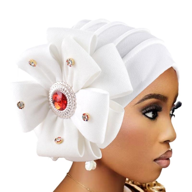 

Women Muslims Turban Hat Breathable Polyester Rhinestones Headscarf Hat for Cancers Patients білий