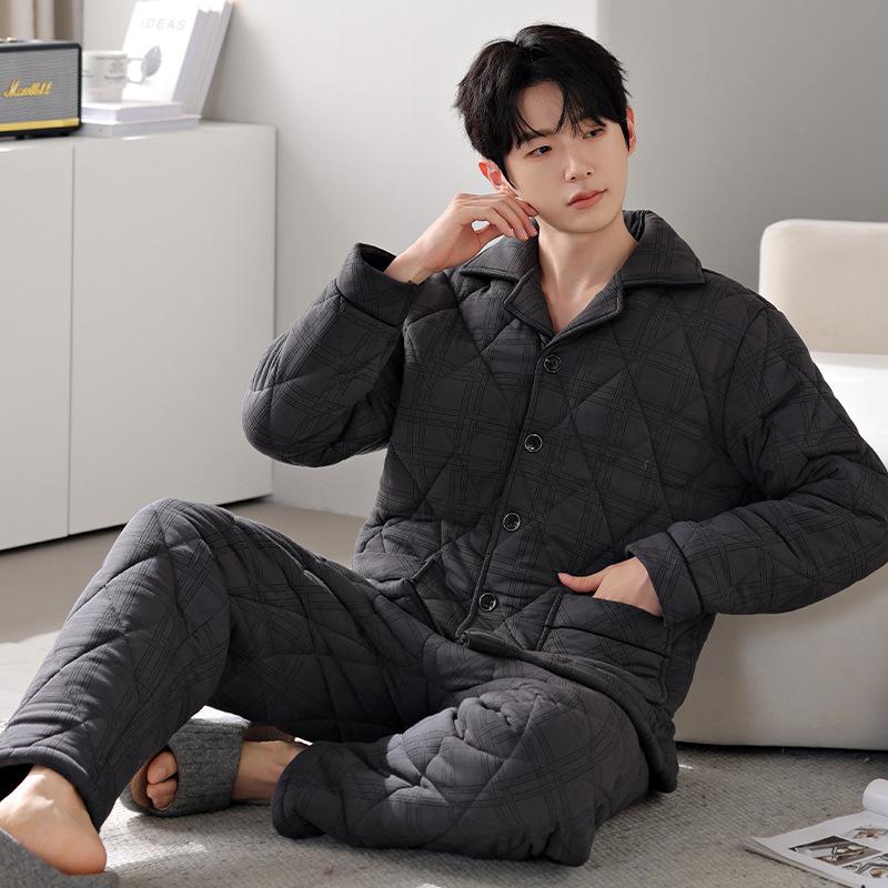 Anti-Static Pajamas Men'S Winter Pure Cotton Padded Three-Layer Thickened And Velvet Warm Autumn And Winter Loungewear Large Size Set