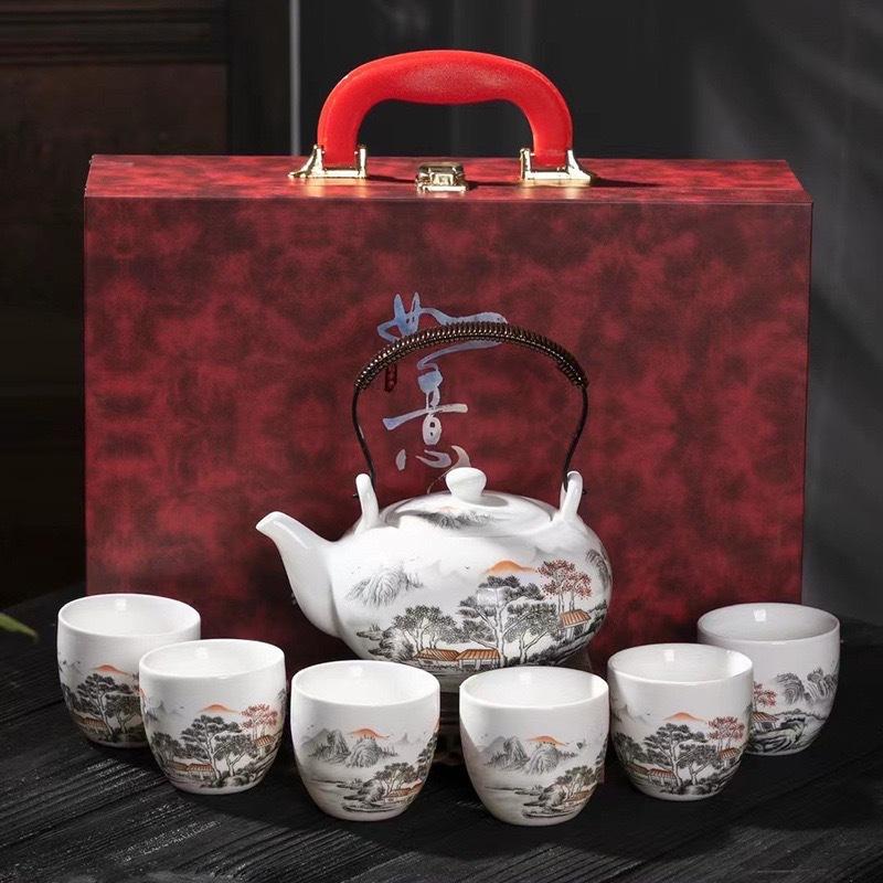 Suet Jade Beam Pot Set Large Capacity Ceramic Teapot Kung Fu Tea Set Cold Kettle Teacup Special Gift Box