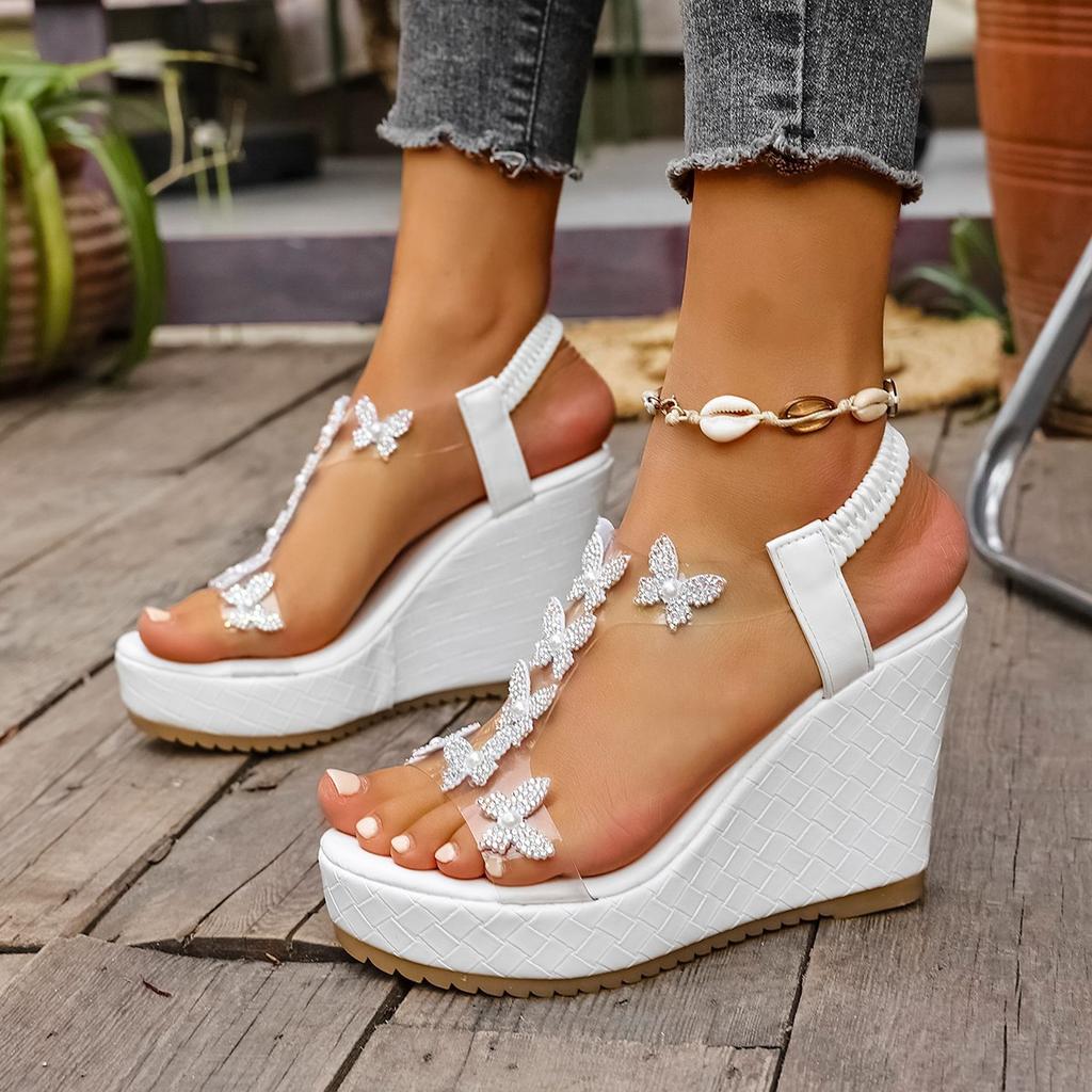 Fashion Rhinestone Butterfly Slope Heel Open-toed Sandals Women's 2025 Summer Muffin Platform Sandals